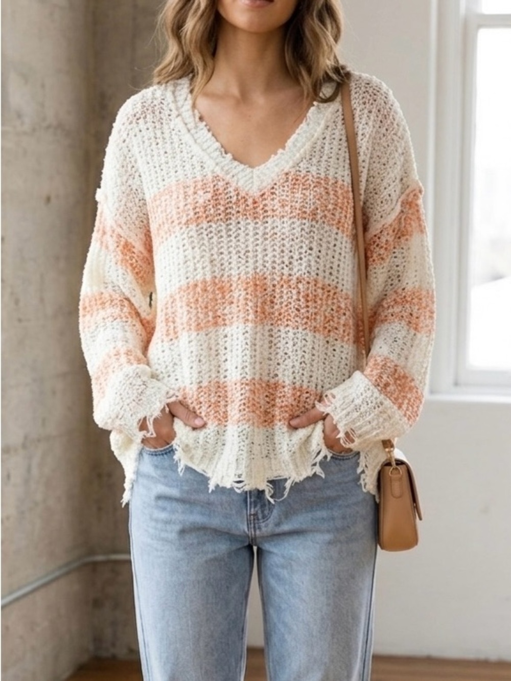 POL Brand New Open Knit Striped Distressed Sweater - Size Small Oversized